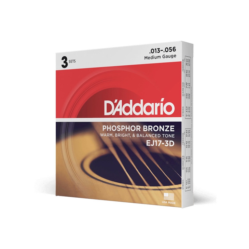 D’Addario EJ17-3D Phosphor Bronze Acoustic Guitar Strings – Medium, 13-56, 3 Sets