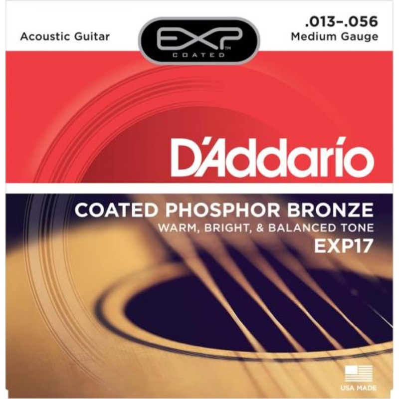 D’Addario EXP Coated Phosphor Bronze Acoustic Strings (Medium 13-56)