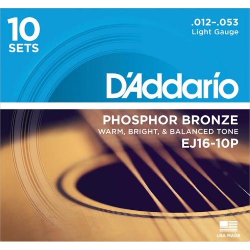 D’Addario 10-Pack Phosphor Bronze Acoustic Strings (Regular Light 12-53)