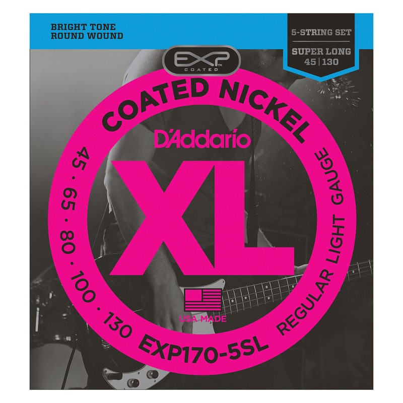 D’Addario EXP170-5SL Coated Nickel Regular Light 5-String Super Long Scale Bass Strings, 45-130