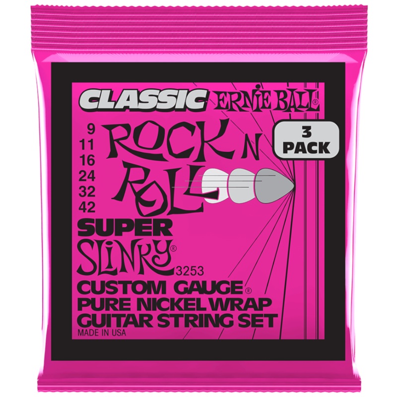Ernie Ball Super Slinky Classic Rock n Roll Pure Nickle Wrap Electric Guitar Strings – (9-42) – 3-Pack